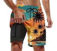 Genérico Bermudas de playa hombre verano moda coco impreso doble capa interior bolsillos pantalones cortos hombre, Naranja-2., L