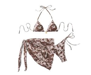 Genérico Bikini de Tirantes Al Cuello para Mujer Set de 2 Piezas Estilo Boho Bikini con Falda Traje de Baño con Flores Falda de Playa Ropa de Baño Conjunto de Bikinis para Mujeres Verano