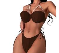 Genérico Bikini Mujer Braga Bikini Alta Reductora Swimsuit Women's Split Bag Pearl Tie Three Point Solid Color Sexy Traje De BañO Mujer Bikinis+Tallas+Grandes (Brown, XL)