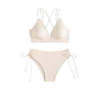 Genérico Bikini Reductor Pecho Mujer Bikini Sin Relleno Women's Sets Two Piece Swimsuit V Neck High Waisted Ruched Tummy 2025 Summer Bathing Suit Bikinis Mujer 2026 Reductor (Beige, XL)