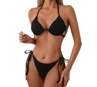 Genérico Bikini Reductor Pecho Mujer Bragas De Bikini Mujer Women's Wavy Pattern Fashionable and Sexy Solid Color Underwire Style Set Three Point Bikinis 2026 Reductor Bragas (Black, XL)