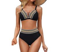 Genérico Bikinis Mujer 2026 Bikini Volantes Mujer Women's Round Neck High Waist Sexy Bikini Tankini Two Piece Beach Swimsuit Swimsuit Traje De BañO Braga Reductor Barriga (Black, L)