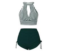 Genérico Bikinis Push-Up Mujer Bikini Leopardo Mujer Solid Color Striped Two Piece Bikini Swimsuit Women Tight Sexy Sin Relleno Braga Reductor Barriga (Green, XXL)