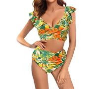 Genérico Bikinis Push-Up Mujer Bikini Push-Up Mujer Women's Swimwear Fashion Retro Print Casual 2 Piece Bikini Set Sin Relleno Braga Alta Reductora (Yellow, S)