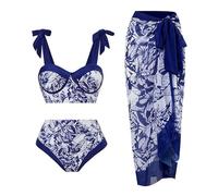 Genérico Bikinis Push-Up Mujer Bikini Talle Alto Reductor Verano Playa Junto al mar Conservador Sombreado del Vientre Sin Espalda Sexy Tamaño Grande Impresión Bikini Sin Relleno (Dark Blue, L)