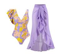Genérico Bikinis Push-Up Mujer Bikinis Reductores Verano Playa Junto al mar Conservador Sombreado del Vientre Sin Espalda Sexy Tamaño Grande Impresión Retro Bustier de Bikini Sin (Purple, S)