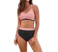 Genérico Bikinis Push-Up Mujer Bikinis+Tallas+Grandes Women with Breast Without Bracket Solid Color Splice Tie Wrap Split Bikini Bikini Sin Relleno Braga BrasileñA (Black, XL)