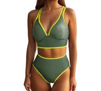 Genérico Bikinis Push-Up Mujer Braga Bikini Alta Reductora Women with Breast No Bracket Deep V Sexy Two Piece Swimsuit Beauty Back Color Contrast Swimsuit Bikini Sin Relleno Bikinis para (Green, L)