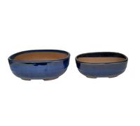 Genérico BIOMATA Macetas Bonsai Ceramica para Shohin y Kifu Set 2 Uds | 16,3x11,7x6 cm la Grande | 13,5x10.3x5 cm la Pequeña | Tiesto Ovalado Azul Doble Agujero Drenaje | Resistente a Cualquier Clima
