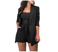 Genérico Blazer mujeres moda tres piezas traje de manga larga temperamento profesional Slim top traje chaqueta pantalones cortos bolsillo cuello conjuntos, Le Noir, XXL