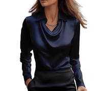 Genérico Blouses for Women Dressy Casual, Cowl Neck Long Sleeve Satin Silk Blouse, Elegant School Office Work 2025 Fall Outfits (Dark Blue,L)