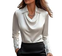Genérico Blouses for Women Dressy Casual, Cowl Neck Long Sleeve Satin Silk Blouse, Elegant School Office Work 2025 Fall Outfits (White,XXL)