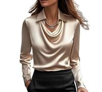 Genérico Blouses for Women Dressy Casual, Cowl Neck Long Sleeve Satin Silk Blouse, Elegant School Office Work 2025 Fall Outfits (Khaki,3XL)