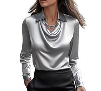 Genérico Blouses for Women Dressy Casual, Cowl Neck Long Sleeve Satin Silk Blouse, Elegant School Office Work 2025 Fall Outfits (Gray,M)