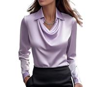 Genérico Blouses for Women Dressy Casual, Cowl Neck Long Sleeve Satin Silk Blouse, Elegant School Office Work 2025 Fall Outfits (Purple,L)