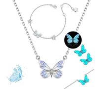 Genérico Blue Luminous Butterfly Collection Set, Adjustable Glowing Necklace & Bracelet, Dainty Butterfly Pendant, for Daily Wear/Evening Events/Anniversary (F)