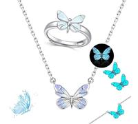 Genérico Blue Luminous Butterfly Collection Set, Adjustable Glowing Necklace & Bracelet, Dainty Butterfly Pendant, for Daily Wear/Evening Events/Anniversary (G)