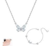 Genérico Blue Luminous Butterfly Necklace, Luminous Butterfly Collection Necklace Bracelet,Women Silver Butterfly Pendant Necklace Suit (A,One Size)