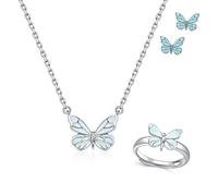 Genérico Blue Luminous Butterfly Necklace, Silver Butterfly Bracelet Ring for Women, Adjustable Luminous Butterflys Collection Jewelry Set for Lover Friend (2pcs-b)