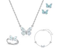 Genérico Blue Luminous Butterfly Necklace, Silver Butterfly Bracelet Ring for Women, Adjustable Luminous Butterflys Collection Jewelry Set for Lover Friend (3pcs)