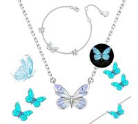 Genérico Blue Luminous Butterfly Pendant Bracelet & Necklace Set for Women, Adjustable Elegant Dainty Cute Butterfly Pendant for Daily Wear (F)