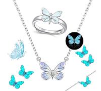 Genérico Blue Luminous Butterfly Pendant Bracelet & Necklace Set for Women, Adjustable Elegant Dainty Cute Butterfly Pendant for Daily Wear (G)