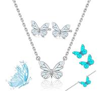 Genérico Blue Luminous Butterfly Pendant Bracelet & Necklace Set for Women, Adjustable Elegant Dainty Cute Butterfly Pendant for Daily Wear (C)
