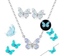 Genérico Blue Luminous Butterfly Pendant Bracelet & Necklace Set for Women, Adjustable Elegant Dainty Cute Butterfly Pendant for Daily Wear (H)