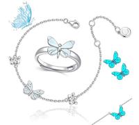 Genérico Blue Luminous Butterfly Pendant Bracelet & Necklace Set for Women, Adjustable Elegant Dainty Cute Butterfly Pendant for Daily Wear (D)
