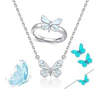 Genérico Blue Luminous Butterfly Pendant Bracelet & Necklace Set for Women, Adjustable Elegant Dainty Cute Butterfly Pendant for Daily Wear (B)