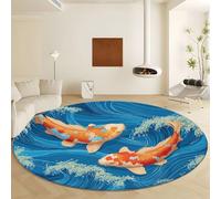 Genérico Blue Round Area Rug Living Room Diameter 90 cm, Non Slip Low-Pile Area Rugs - Cartoon Style Sea Waves Animal Fish Soft Machine Washable Carpet for Bedroom Living Room Kitchen Entryway