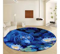 Genérico Blue Round Area Rug, Soft Low Pile Machine Washable Carpet - Non Slip Faux Wool Pond Lotus Animal Tiger Rugs for Living Room Bedroom Dining Room Office Home Decor Diameter 80 cm