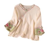 Genérico Blusa de Lino Holgada con Botones y Bordados para Mujer, Estilo Retro, Estilo literario, con Hebilla y Estilo étnico (Beige, XXL)