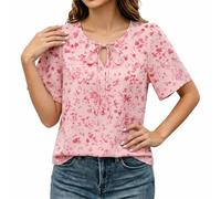 Genérico Blusa Mujer Elegante Manga Corta Camisa de Gasa Verano Túnica Escote en V Flores Túnica de Doble Capa Top de Lunares Cuello Bobo Escote de Lazo Blusa de Gasa Manga de Campana