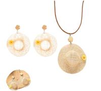 Genérico Bohemian Straw Hat Drop Earrings Necklace, Handmade Rattan Hat Woven Beach Necklace,Fashion Lightweight Vacation Jewelry