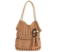 Genérico Boho Crochet Mesh Beach Tote Bag for Women,Bohemian Knit Shoulder Purse,Summer Vacation Handbag with Tassels (Brown)