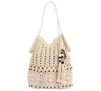 Genérico Boho Crochet Mesh Beach Tote Bag for Women,Bohemian Knit Shoulder Purse,Summer Vacation Handbag with Tassels (Beige)