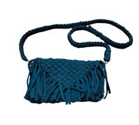 Genérico Bolso de Macramé en Trapillo Hecho a Mano, Diseño 2 en 1 Bandolera y Clutch, Estilo Boho Chic con Flecos, Color Azul Petróleo