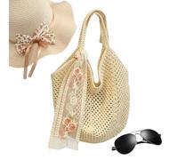 Genérico Bolso de Playa de Ganchillo,Estilo Boho, Diseño Calado, Malla Y Encaje, Y Cinta - Bolsos Vacacionales Para Mujeres | Para Llevar De Compras Viajes Citas Y Gafas De Sol