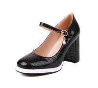 Genérico Bombas con Tacón Bloc Grueso y Estampado de Cocodrilo para Mujer Bombas Mary Jane de Punta Redonda con Colgante de Diamantes de Imitación en Forma de Lágrima,Negro,39 EU