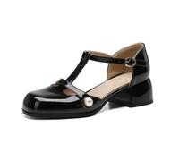 Genérico Bombas Mary Jane Mujer Punta Cerrada T-Strap Tacón Bloque Decoración con Perlas Punta Cuadrada Correa al Tobillo Charol Zapatos de Vestir,Negro,46 EU