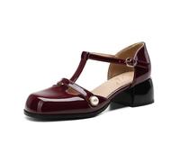 Genérico Bombas Mary Jane Mujer Punta Cerrada T-Strap Tacón Bloque Decoración con Perlas Punta Cuadrada Correa al Tobillo Charol Zapatos de Vestir,Rojo,39 EU