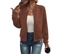 Genérico Bomber Jacket Women Textured Zip Up Casual Jackets Lightweight Stand Collar Zipper Coat Fall Fashion Outerwear Top (Brown,L)