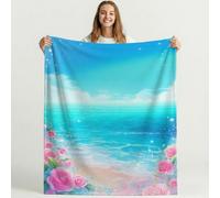 Genérico Bonita Manta de Forro Polar de Fresco para sofá de Viaje, Frazada de Sherpa con patrón de Tranquilo Flores Playa, Blanket de Felpa con diseño de Azul Rosa Animados, decoración 150cm x 150cm