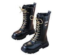 Genérico Botas altas hasta la rodilla para niñas Botas militaresblancas Zapatos para niñas Zapatos escolares de cuero sintético con cordones y cremallera lateral punk (Black-C, 28 Little Child)