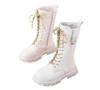 Genérico Botas altas hasta la rodilla para niñas Botas militaresblancas Zapatos para niñas Zapatos escolares de cuero sintético con cordones y cremallera lateral punk (White-C, 30 Little Child)