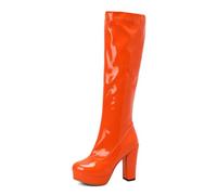 Genérico Botas Altas Mujer Hasta la Rodilla Charol Plataforma Tacón Ancho 70s Retro Fiesta Cosplay