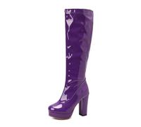 Genérico Botas Altas Mujer Hasta la Rodilla Charol Plataforma Tacón Ancho 70s Retro Fiesta Cosplay