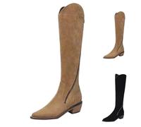 Generico Botas Altas para Mujer con Tacón Occidental Tejanos Troncos Equitación Camperos Texanos de Punta Elásticas Curvy Boots Tacón Medio Cremallera, Beige, 39 EU