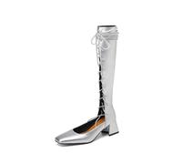 Genérico Botas Altas Rodilla Mujer Punta Cuadrada Charol Tacón Ancho Cordones Corte Hueco Lazada Lateral Botas Vestir Fiesta Noche Moda Sexy Elegante